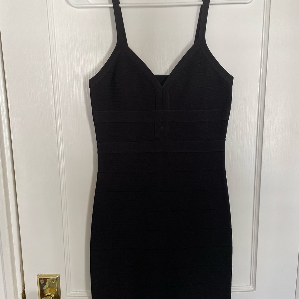 bebe Black Ribbed Sheath Mini Dress with Spaghetti Straps for Cocktail